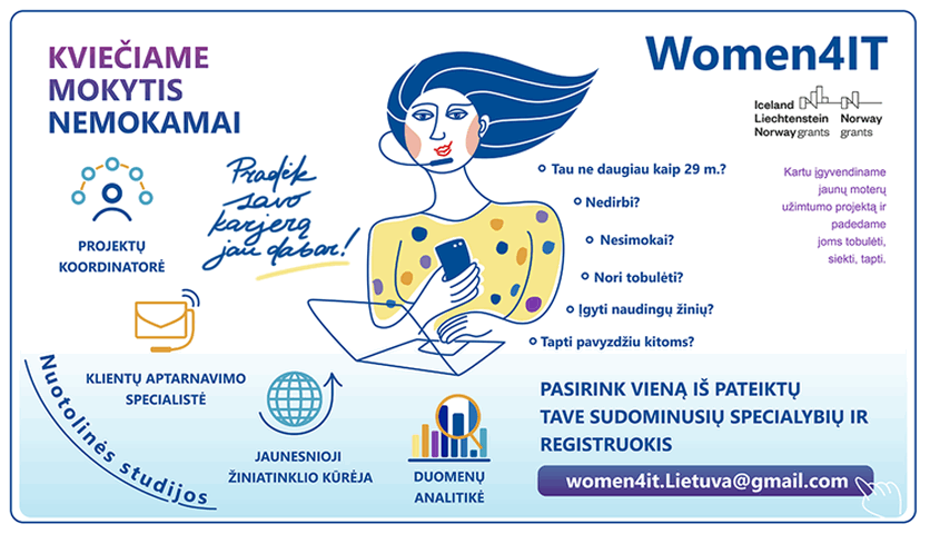 Projektas „Women4IT“ kviečia merginas mokytis IT specialybių Mokymų skelbimas