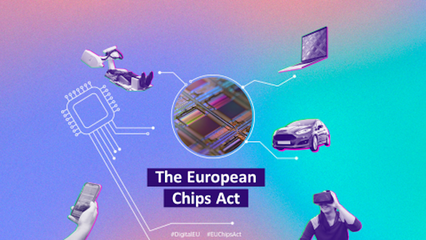 Europos Komisija Rausvos spalvos, violetinės, turkio spalvos gradiento fonas. Lusto nuotrauka apskritame rėme viduryje. Taškų prijungimas prie medicinos mašinos nešiojamojo kompiuterio ir automobilio. Lusto brėžinys kairėje ir telefoną laikančios rankos nuotrauka. Asmuo, naudojantis dešinėje pusėje esančiu VR ausinėmis. Tekstas viduryje „Europos lustų aktai“